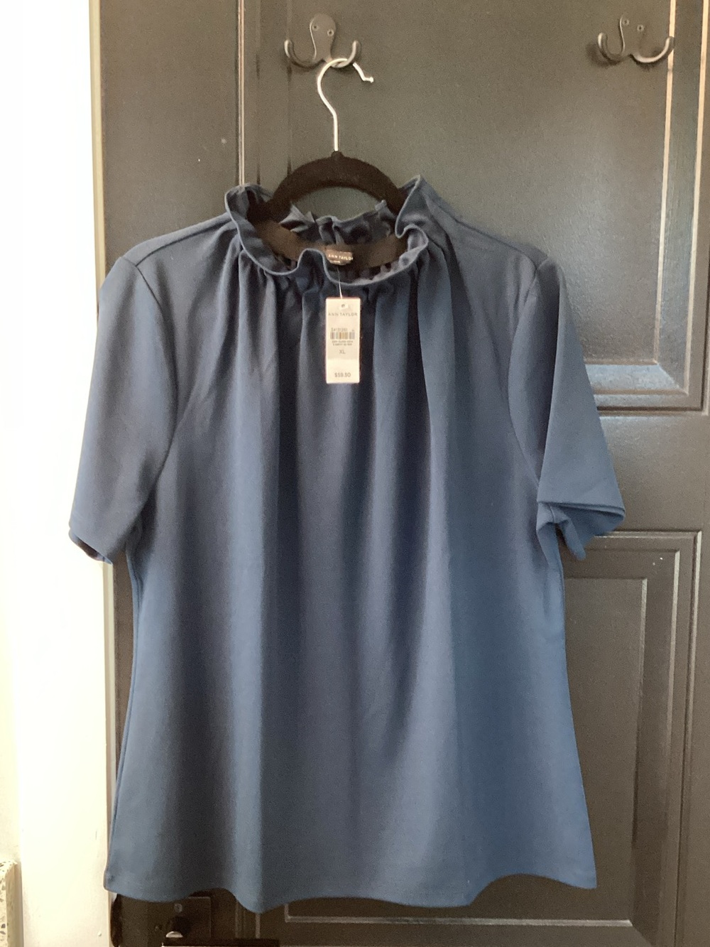 Ann Taylor Navy Ruffle-Neck Short Sleeve Blouse